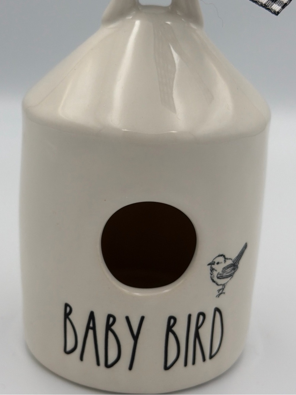 Rae Dunn Mini Round Baby Bird House With Plaid Black White Ribbon 5" Tall - Picture 4 of 10